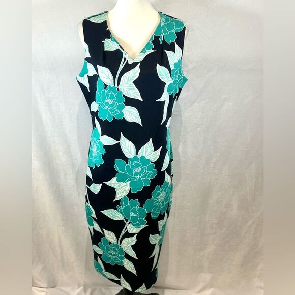 Enfocus Studio navy and aqua floral pleated sheath dress size 14 - Picture 2 of 7